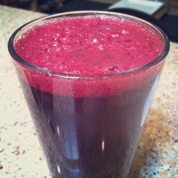 This morning's juice: apple, beets, carrots, ginger, kale and spinach. Down the chute!