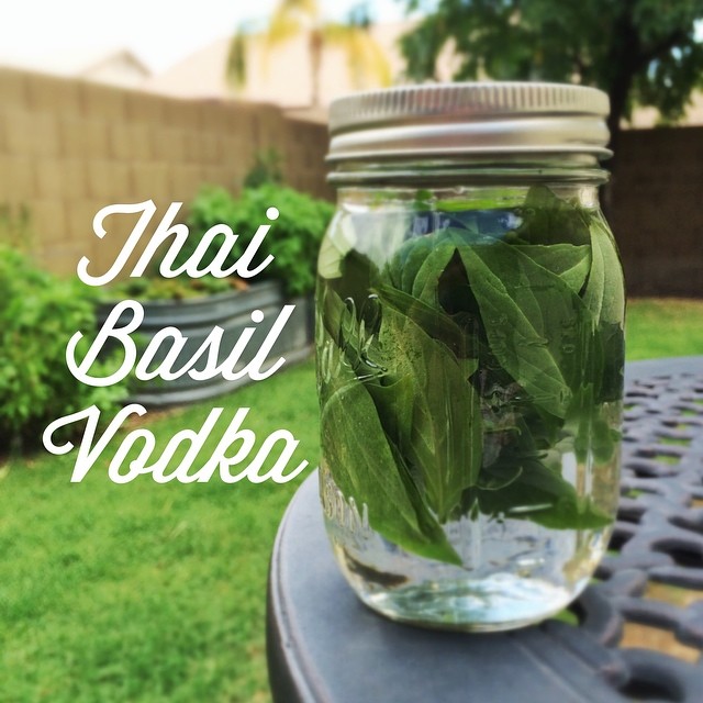 Infusing some vodka with some Thai basil from our garden. #urbangarden #vodka #infused #basil