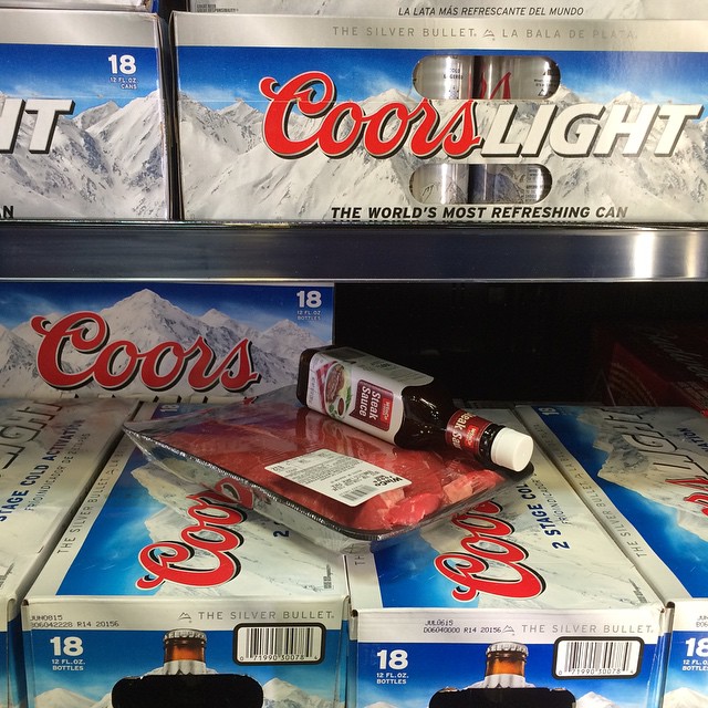 The person who left this in the beer cooler must have had an interesting dilemma having to decide on beer or steak. It's clear what their decision was. #beerVSsteak #beerwins #coorslight  #winco